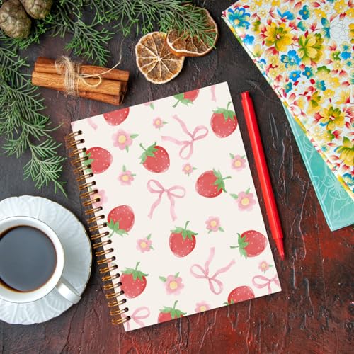 JXREQ Cute Pink Bow Strawberry Notebook, Preppy Journaling Notebooks for Note Taking Writing, Strawberries Floral Journal for Women, Girly Office Supplies, Cute Fruit Spiral Notebooks 5.5x8.3 - color: Fruit 4