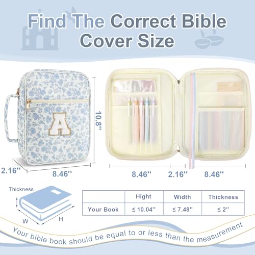 Personalized Initial Bible Cover Case for Women Girls Kid - Large Quilted Bible Case with Handle,Chenille Letter Bag Study Supplies,Christmas Gifts for Christians Birthday Graduation(Blue Flower-A) - color: Blue Flower, size: letter-A