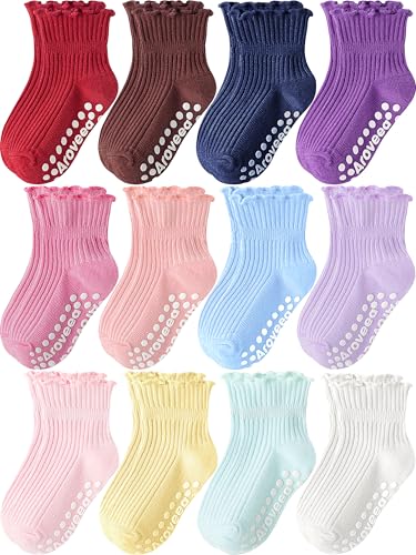 Aroveea Toddler Socks Non Slip Grip Baby Girls Kids Ankle Cute 12 Pack - color: Multitones Ruffle, size: 3-5T