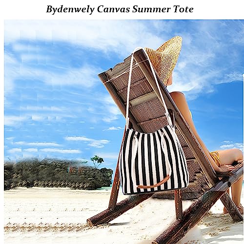 Bydenwely Women's Canvas Summer Tote Bag, Striped Hobo Purse Small/Medium - color: Black2, size: Medium