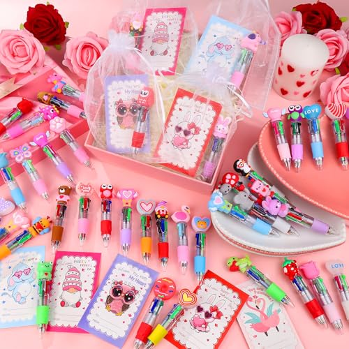 50 Pack Valentines Day 4-in-1 Multicolor Cute Animal Pens with Valentines Cards Bags Retractable Fun Ballpoint Pens Bulk for Classroom Prize Office School Gift Exchange - color: Valentines Multicolor
