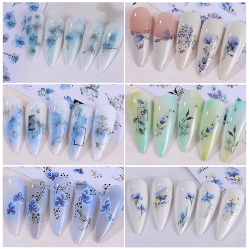 Ink Flower Nail Art Stickers 12 Sheets 3D Self-Adhesive Nail Decals with Tweezers Watercolor Floral Leaves Stickers Charming Blossom Flowers Designs Nail Art Supplies Manicure Accessories for Women - style: Watercolor Flower Styles