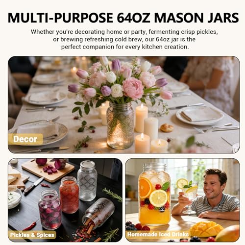 64oz Glass Mason Jars Wide Mouth 3-Pack with Airtight & Leakproof Lids - color: Clear01-64oz