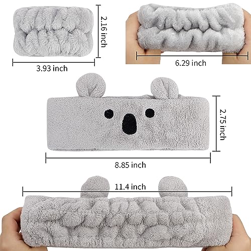 AHONEY Face Wash Headband and Wristband Set, Cute Makeup Spa Skincare Headbands Wrist Bands for Washing Face Headband for Women Girls Elastic Animal Hair Band (White&Grey) - color: Grey&White
