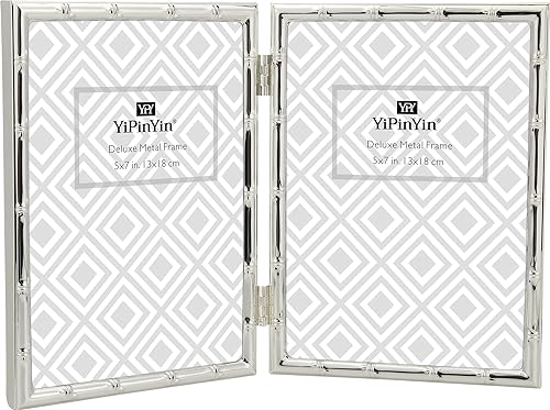YiPinYin Silver 5x7'' Bamboo Detail Double Metal Picture Frame,Elegant Elegant Narrow Profile Silver Plated Photo Frames With Soft Velvet Backing for Desktop and Shelf Decor - color: Silver, size: 5x7Inch Double
