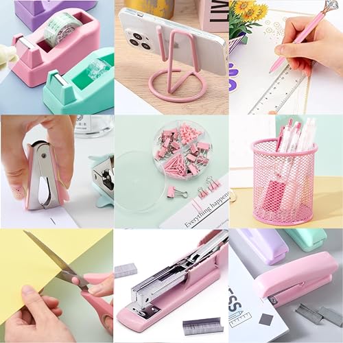 Pink Office Supplies, Pink Desk Accessories, Stapler, Staple Remover, Tape Holder, Pen Holder, Ballpoint Pen, Scissor, Binder Clips, 1000pcs Staples, Phone Holder, Ruler, Transparent Glue and Notes - color: Pink