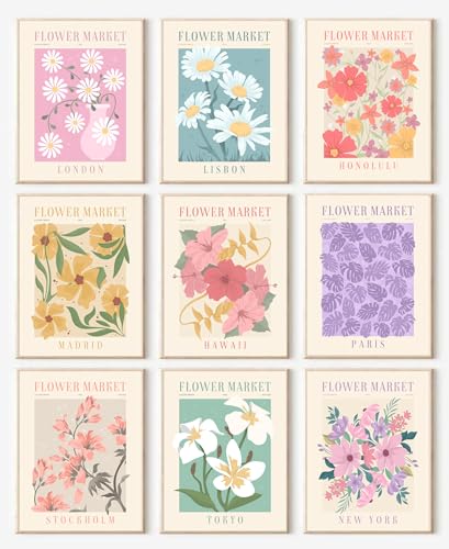 Flower Market Posters Set of 9, Minimalist Wall Art Prints, Vintage Flower Pictures, Abstract Canvas Colorful Floral Painting for Living Room, Bedroom, Dorm - color: Flower 04-9PCS
