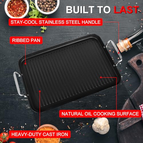 21" x 13" Cast Iron Double Burner Griddle, Non-Stick Stovetop Griddle Pan - size: 21" x 13" x 1"
