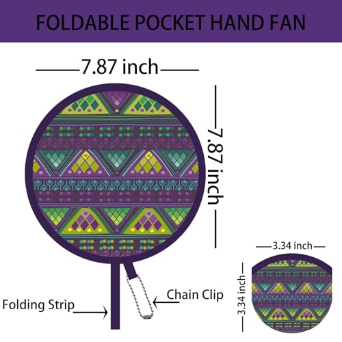 4 Pack Boho Ethnic African Pattern Folding Fan – Vintage Ethno Style Round Hand Fan, Lightweight Portable Cooling Fan for Summer, Beach, Festival & Travel (Violet) - style: Boho Ethnic African