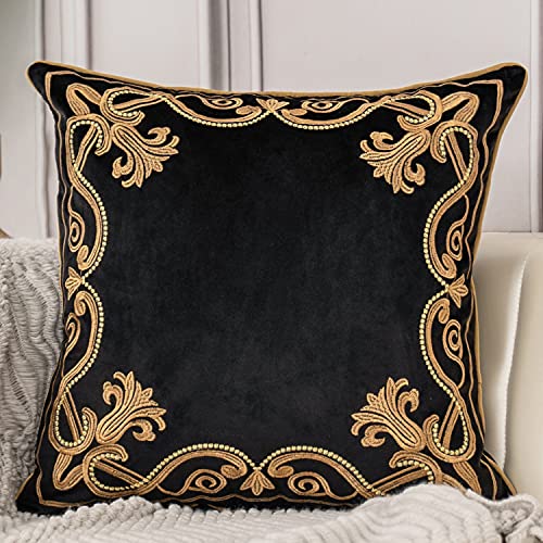 Aeckself European Floral Pillow Cover 16x16 Inch, Luxury Velvet Embroidered Decorative Throw Pillow Cover for Couch Bedroom Living Room, Black and Gold - color: Black Gold, size: 16" x 16" (Pack of 1)