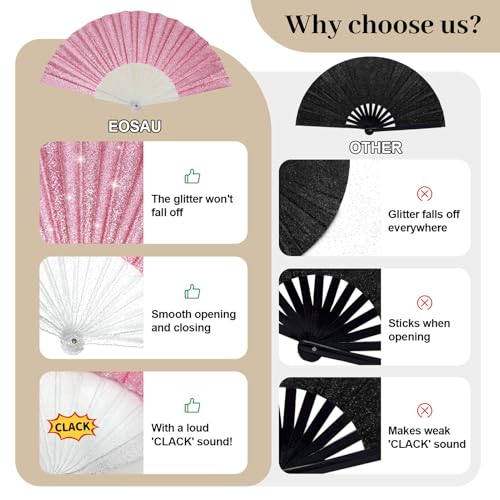 EOSAU 9" Glitter Folding Hand Fans Foldable, Clacking Fans for Women, Pink - color: 9" Pink 02