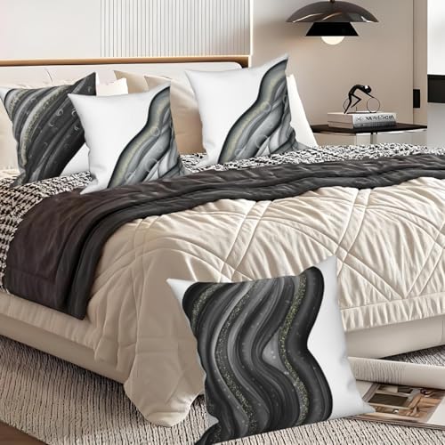 Abstract Fluid Throw Pillow Cover Black Ocean Wave Ink Gold Sequin Halo Minimalist Art Modern Aesthetic Linen Square Cushion Covers for Outdoor Couch Sofa Bedroom Home 16x16 Inch Set of 4 - color: Black 2, size: 16" x 16" (Pack of 4)