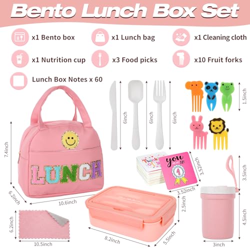 77 Pieces Preppy Bento Box Lunch Box Kit Large Pink Insulated Lunch Bag 3 Layer Stackable Leakproof Lunch Box Containers with Cup,Lunch Bag,Spoon,Fork,60 Pieces Lunch Box Notes for Girl(Pink) - color: Pink