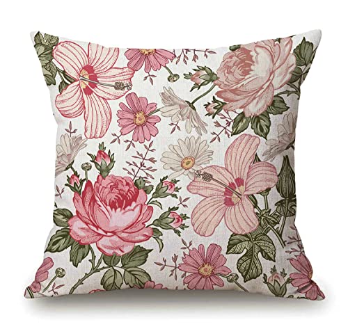 Solekla Pink Flowers Decorative Throw Pillow Cover Case Cushion Home Living Room Bed Sofa Car Cotton Linen Square 18 x 18 Inches - color: Sl194