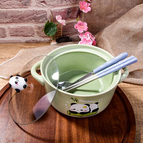 Ceramic Soup Bowl with Lid, Handles, Chopsticks and Spoon, 6'' Ramen Bowl - color: Green