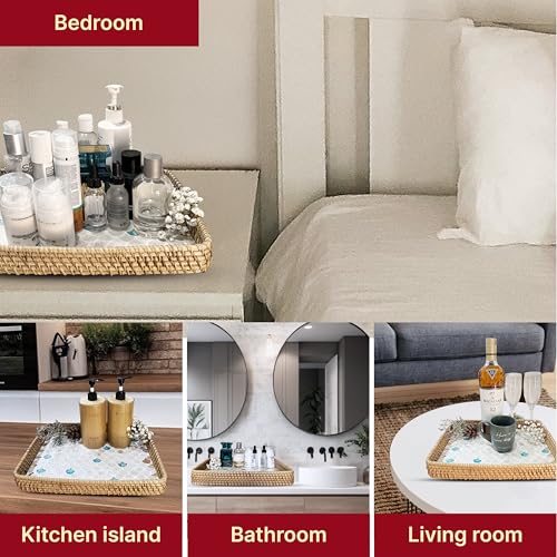 Rattan Rectangle Tray with Mother of Pearl Inlay, Unique Decorative and Serving Tray for Outdoor,Bathroom, Kitchen, Vanity, Perfume, or Coffee Table (Combo Fin 13"&11.8") - color: Combo Fin