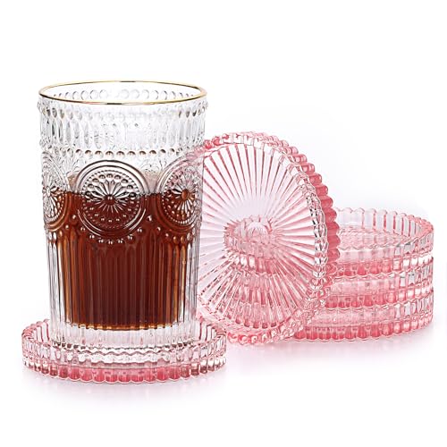 JUXYES Set of 5 Heat-Resistant Clear Glass Coaster for Hot and Cold Drinks - color: Pink, size: 5 Pack