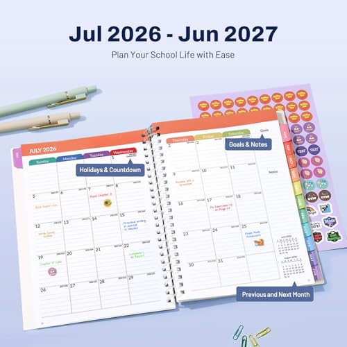 Student Planner 2026-2027, SUNEE Middle or High School Datebooks Student Planner for Academic Year Jul. 2026 - Jun. 2027, 6.5" x 8.3" Lesson Plan Book with Bookmark, Planning Stickers, Academic Color - color: Academic Color, size: A5 6.5"×8.3"