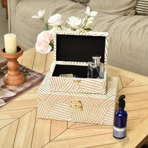 Velvet Decorative Boxes Storage Accessory Organizer Set of 2, White - color: Grey&Gold