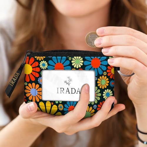 IRADA ID Case Wallet Keychain with Clear ID Window Zipper Cute Coin Purse for Women Water Resistant Small Coin Pouch-Hippie Flower Keychain Wallet - color: Hippie Flower-Keychain Wallet
