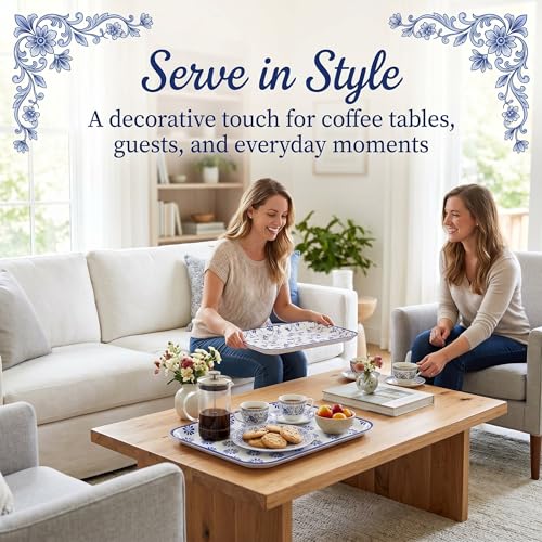 Vesici 4 Pack Blue White Melamine Serving Trays, 13 x 10 Inch Platters - style: Blue and White Porcelain