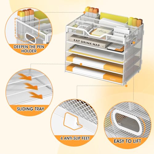 5 Tier Paper Letter Tray Desk Organizer with Pen Holders - White - color: 5 Tier-White, size: 12.5" x 9.1" x 10.3"