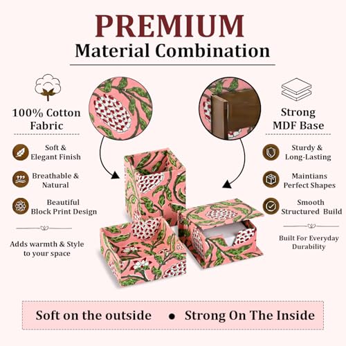 Ridhi Strawberry Pink Block Print Office Desk Organizer Pen & Note Holder - color: Strawberry Pink