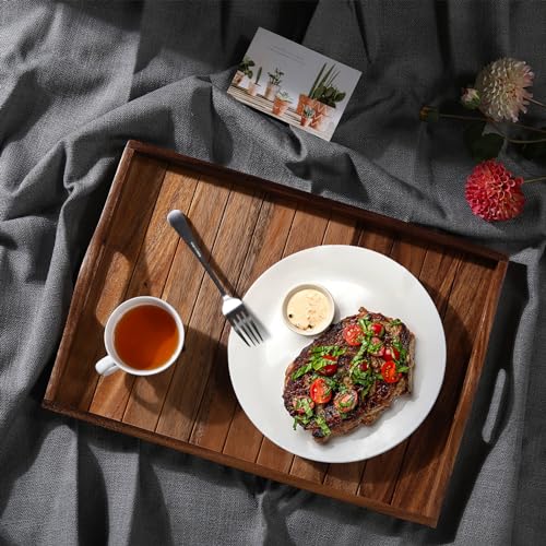 Large Acacia Wooden Serving Tray with Handles 20 x 14 inch Decorative Coffee Table Ottoman Tray for Living Room Extra Large for Kitchen Dinner Food Bar Breakfast in Bed (Color Natural) - color: Natural Wood