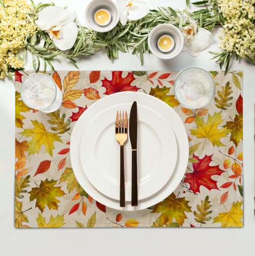 Fall Maple Leaves Placemats Set of 4 12x18 Inch Thanksgiving Autumn Colorful Leaf Dining Table Mats Rustic Seasonal Farmhouse Place Mats for Kitchen Party Home Decoration - color: Fall Maple