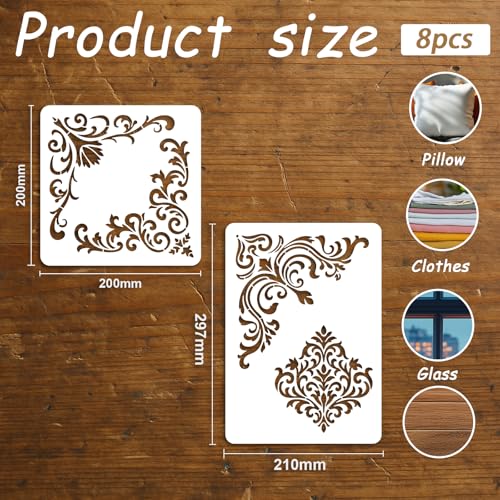8Pcs Border Floral Stencil PET Painting Templates Flower Inlay Border Stencils for Furniture Reusable DIY Craft for Wall Wood Fabric Canvas Paper Home Decor 7.87inch, 11.7inch - color: corner patterns
