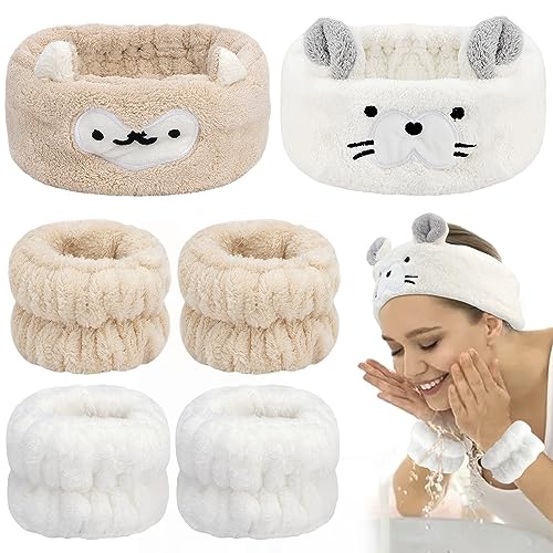 AHONEY Face Wash Headband and Wristband Set, Cute Makeup Spa Skincare Headbands Wrist Bands for Washing Face Headband for Women Girls Elastic Hair Band (White&Khaki) - color: Khaki&White