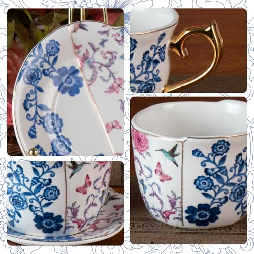KAMMAK Tea Cups and Saucers Set of 2, 8 oz Porcelain Coffee Cups, YX018 - size: 8CZYX018