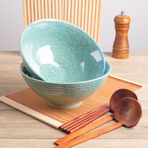 40oz Japanese Ceramic Ramen Bowl Set of 2 with Chopsticks and Spoons for Pho Udon Asian Soup Noodles (Turquoise) - color: Turquoise