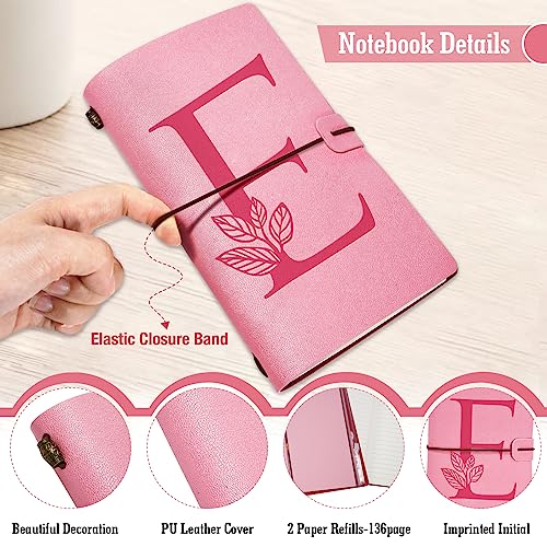 Personalized Journal Gift-Pink Initial Leather Journal+Heart Diamond Pen Set,Travel Notebook Diary Gifts,Refillable Notepads,Christmas,Birthday Gifts for Women Girls (7.9"x4.7") (E) - style: E