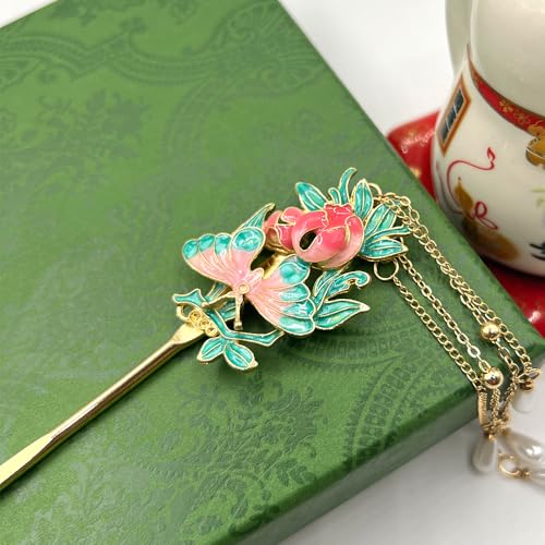 Peony with Pearl Tassels Hairpin Chinese Hanfu and Han Style Hair Retro Flower with Metal Handmade Hair Clip Hair Accessories for Women Girls Long Hair (Peony Flower) - color: Peony Flower