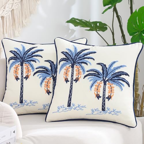 Embroidered Throw Pillow Covers 18x18 Pack of 2 Blue Palm Tree - color: Blue Palm Tree