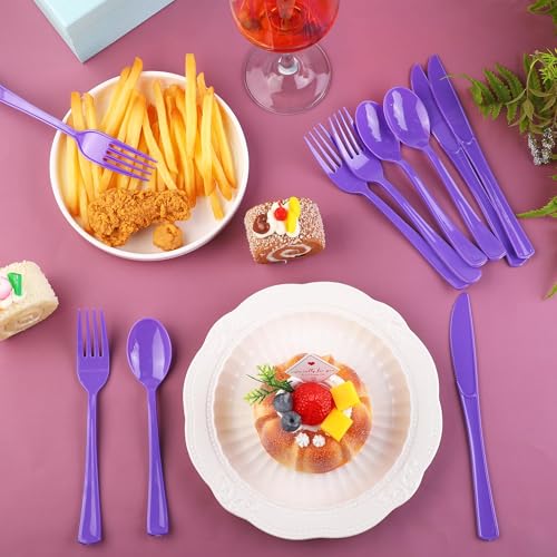 Kochorie 300 Pieces Purple Plastic Silverware, Disposable Plastic Utensils, Heavy Duty Cutlery Set Heavyweight Flatware Includes Spoons Forks Knives for Birthday Party Prom Night Wedding Dinner - color: Purple