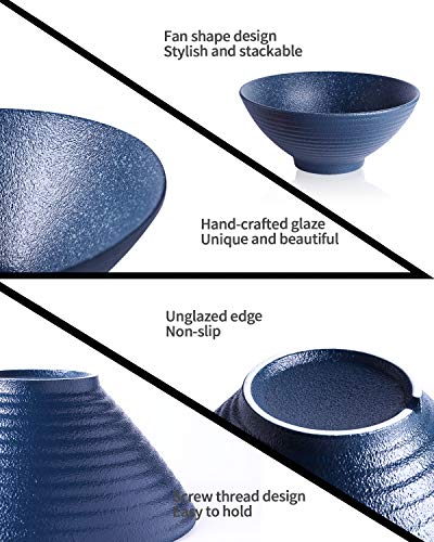 Kanwone Ceramic Japanese Ramen Bowl Set, Noodle Soup Bowls - 60 Ounce, with Matching Spoons and Chopsticks for Udon Soba Pho Asian Noodles, Set of 2, Navy - color: Navy, size: 9 Inch