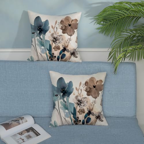 Floral Pillow Covers 18x18 Set of Brown Blue Flower Throw Pillow Covers Outdoor Decoration,Spring Summer Floral Decor Pillowcase Farmhouse Linen Decorative Cushion Cover for Home Sofa Couch - color: Watercolor-floral-blue Brown, size: 18" x 18" (Pack of 2