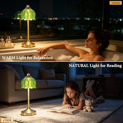 Set of 2 Cordless Green Glass Tulip Table Lamp - color: Green, size: 2-pack