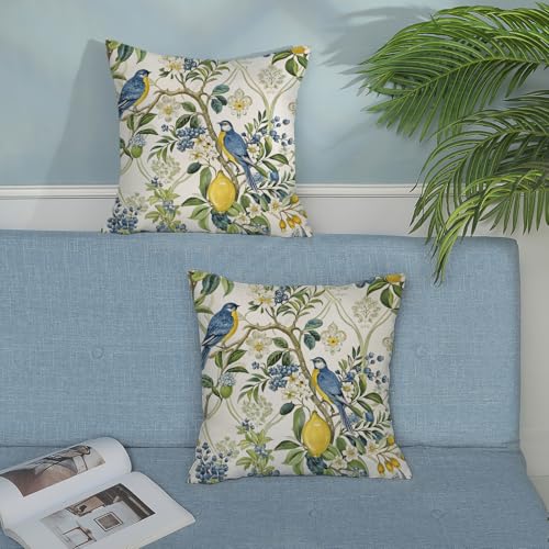 Chinoiserie Pillow Covers 18x18 Pack of 2 Blue Yellow Bird Lemon Floral Throw Pillow Cover Outdoor Decor Vintage Spring Summer Birds Pillowcase Farmhouse Decorative Cushion Case for Home Sofa - color: Bird Lemon Floral, size: 18" x 18" (Pack of 2)