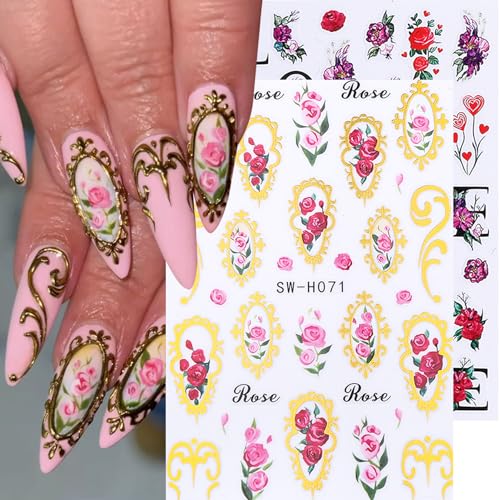 Rose Flower Nail Stickers Decals 12 PCS Romantic Red Pink Rose Nail Art Stickers 3D Self-Adhesive Floral Blossom DIY Designs for Valentine's Day Manicure Decoration Nails Supplies Accessories - style: Rose Flower Style