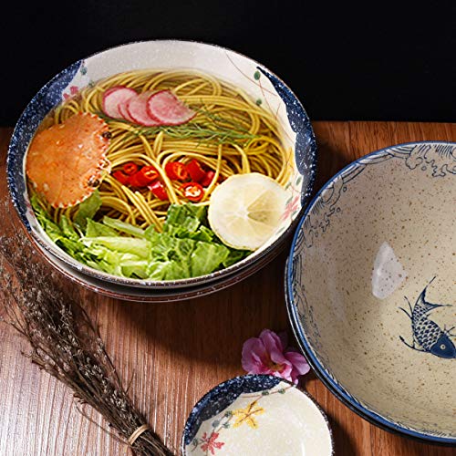 Ceramic Ramen Bowl Set of 4, 8'' Retro Soup Bowl with Floral & Fish Design - color: SZ