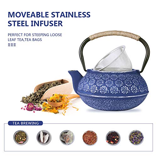 Ufine Blue Floral Cast Iron Teapot Set 28 oz Tea Kettle with 4 Cups, Trivet - color: Blue Floral