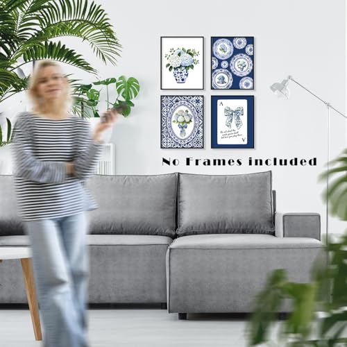 LUKIPOM Blue Chinoiserie Hydrangea Wall Art Poster,Coquette Blue and White Floral Grandmillennial Canvas Wall Decor Gifts for Women Teen Girls Home Bedroom Living Room，8x12in Set of 4 Unframed - color: Color 006