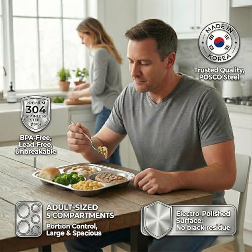 Korean Stainless Steel Divided Plates for Adults & Teens, L Size, 2-Pack - size: 5 Compartments (13x11Inch)