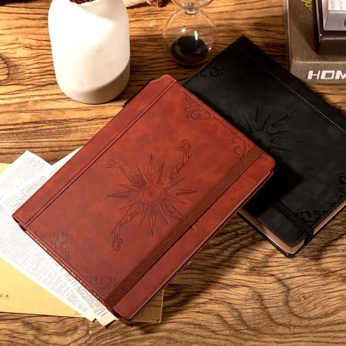CAGIE Compass Leather Journal for Men Women, A5 Lined Notebook Writing Gift - color: Wine Red