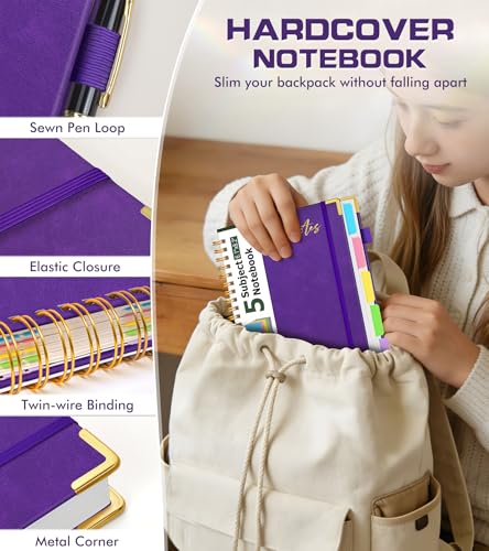 5 Subject Spiral Notebook Journal with Removable Dividers Tabs, 300 Pages Organizer Notebooks for Work School, A5 Hardcover Leather Notebook College Ruled, Lined Journal for Women Men，Purple - color: Deep Purple, size: A5