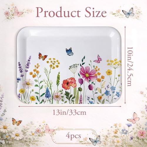 Vesici 4 Pack Wildflower Melamine Serving Trays, 13 x 10 in Rectangular Decorative Platters, Floral Boho Snack & Appetizer Trays for Parties, Buffet, Home Decoration, Multicolor - style: wildflower