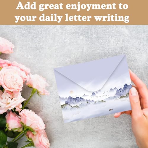 160 Pcs Stationery Set with Envelopes, 50 A5 Sheets of Stationery (10 Designs) with 50 Envelopes and 60 Stickers, Letter Writing Stationery for Home, Office, School, Set B - color: Ink painting stationery